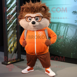 Rust Hedgehog mascot costume character dressed with a Joggers and Eyeglasses