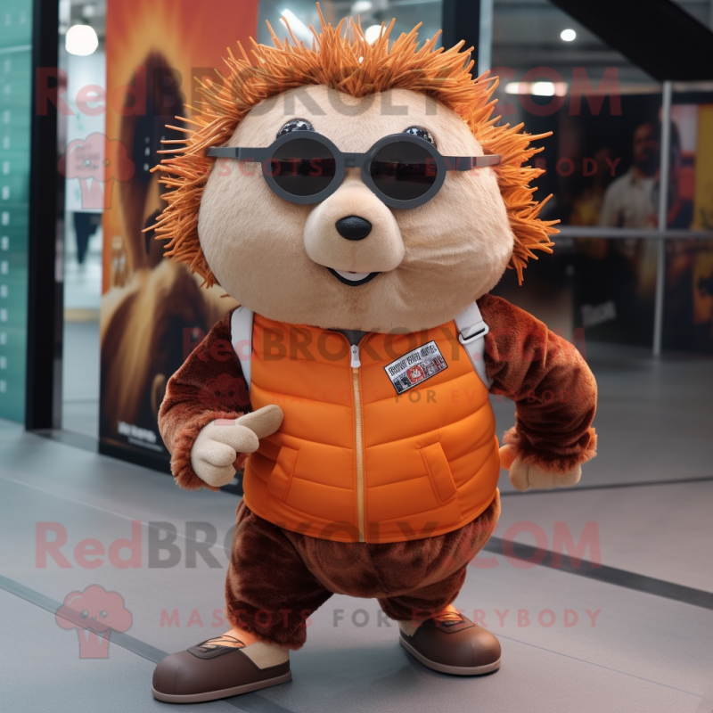 Rust Hedgehog mascot costume character dressed with a Joggers and Eyeglasses