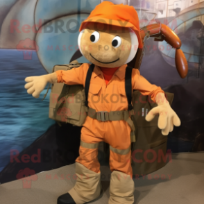 Rust Shrimp Scampi mascot costume character dressed with a Cargo Pants and Scarves