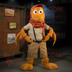 Rust Shrimp Scampi mascot costume character dressed with a Cargo Pants and Scarves