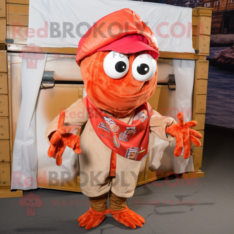 Rust Shrimp Scampi mascot costume character dressed with a Cargo Pants and Scarves Rust Shrimp Scampi mascot costume character dressed with a Cargo Pants and Scarves