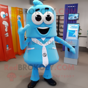 Sky Blue Phone mascot costume character dressed with a Dress Shirt and Belts