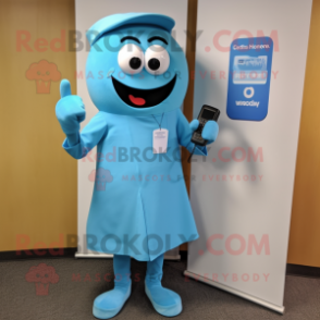 Sky Blue Phone mascot costume character dressed with a Dress Shirt and Belts