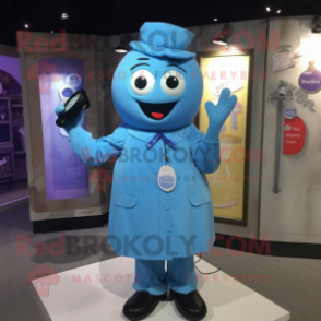 Sky Blue Phone mascot costume character dressed with a Dress Shirt and Belts