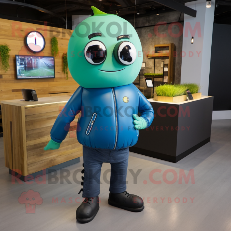 Cyan Zucchini mascot costume character dressed with a Leather Jacket and Smartwatches