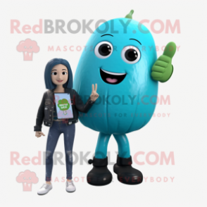 Cyan Zucchini mascot costume character dressed with a Leather Jacket and Smartwatches