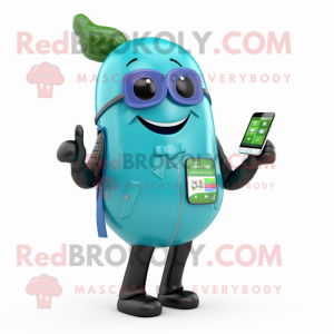 Cyan Zucchini mascot costume character dressed with a Leather Jacket and Smartwatches