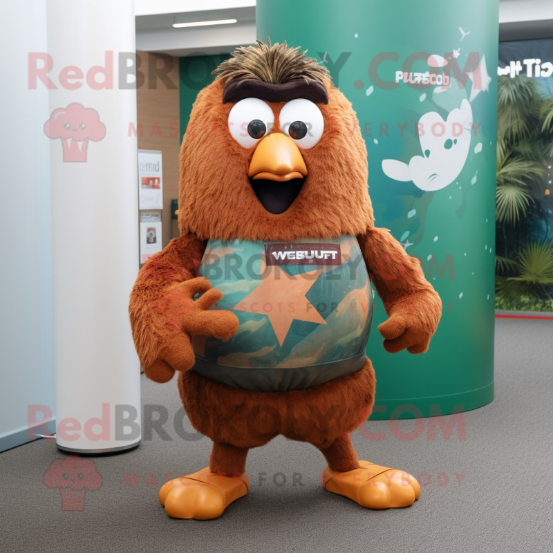 Rust Kiwi mascot costume character dressed with a Bermuda Shorts and Belts