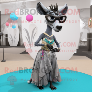 Silver Okapi mascot costume character dressed with a Ball Gown and Sunglasses