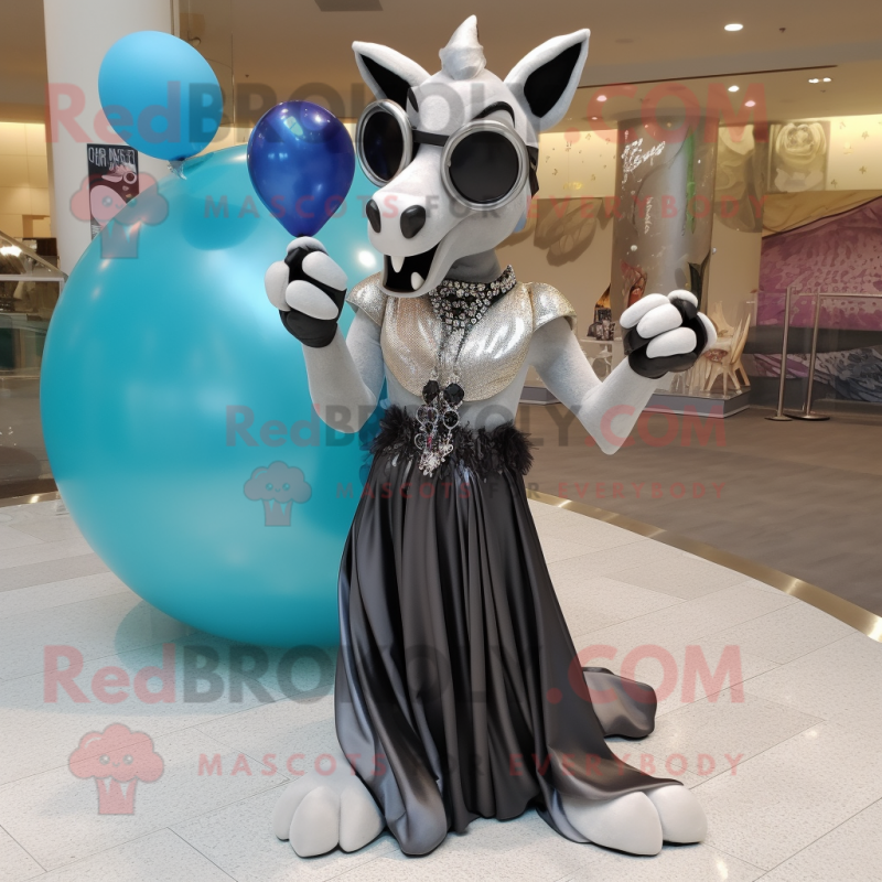 Silver Okapi mascot costume character dressed with a Ball Gown and Sunglasses