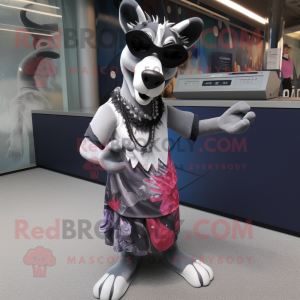 Silver Okapi mascot costume character dressed with a Ball Gown and Sunglasses