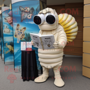 Cream Trilobite mascot costume character dressed with a Culottes and Reading glasses