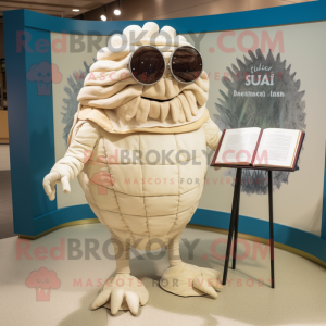 Cream Trilobite mascot costume character dressed with a Culottes and Reading glasses