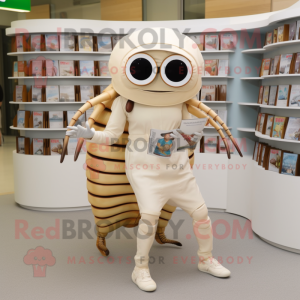 Cream Trilobite mascot costume character dressed with a Culottes and Reading glasses