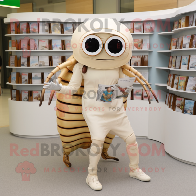 Cream Trilobite mascot costume character dressed with a Culottes and Reading glasses