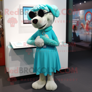 Turquoise Dog mascot costume character dressed with a Wrap Skirt and Reading glasses