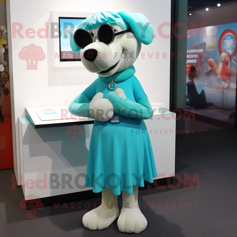 Turquoise Dog mascot costume character dressed with a Wrap Skirt and Reading glasses