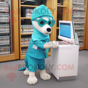 Turquoise Dog mascot costume character dressed with a Wrap Skirt and Reading glasses