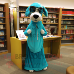 Turquoise Dog mascot costume character dressed with a Wrap Skirt and Reading glasses