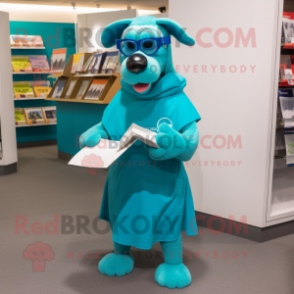 Turquoise Dog mascot costume character dressed with a Wrap Skirt and Reading glasses