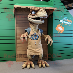 Tan Velociraptor mascot costume character dressed with a Board Shorts and Keychains