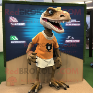 Tan Velociraptor mascot costume character dressed with a Board Shorts and Keychains