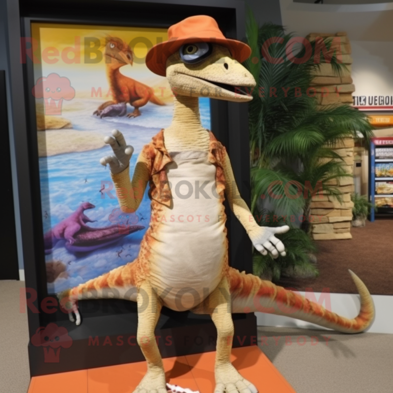 Tan Velociraptor mascot costume character dressed with a Board Shorts and Keychains