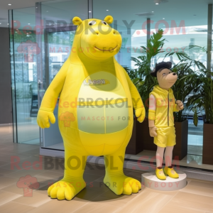 Lemon Yellow Hippopotamus mascot costume character dressed with a Bikini and Watches