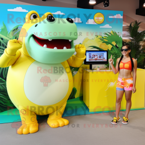 Lemon Yellow Hippopotamus mascot costume character dressed with a Bikini and Watches
