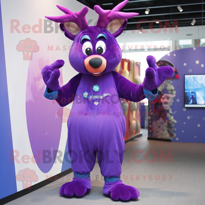 Purple Deer mascot costume character dressed with a Jumpsuit and Cummerbunds Purple Deer mascot costume character dressed with a Jumpsuit and Cummerbunds