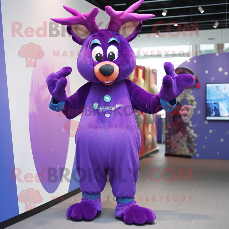 Purple Deer mascot costume character dressed with a Jumpsuit and Cummerbunds