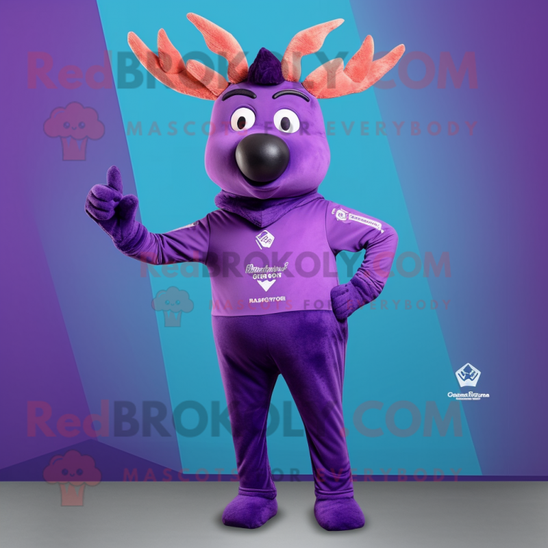 Purple Deer mascot costume character dressed with a Jumpsuit and Cummerbunds