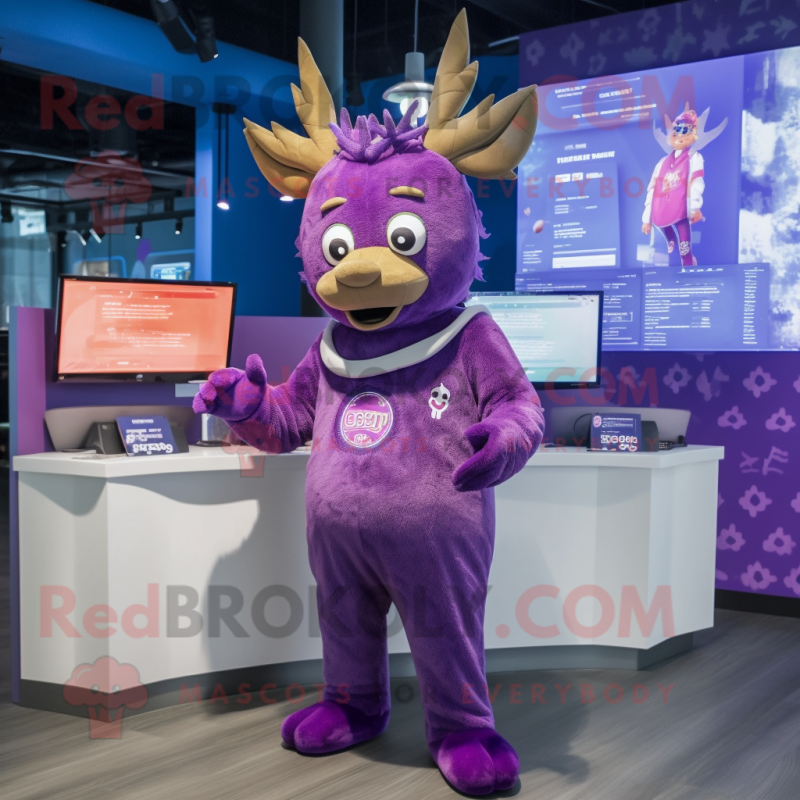 Purple Deer mascot costume character dressed with a Jumpsuit and Cummerbunds Purple Deer mascot costume character dressed with a Jumpsuit and Cummerbunds