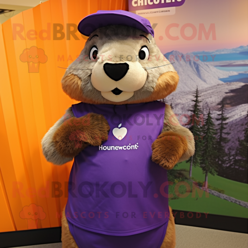 Purple Marmot mascot costume character dressed with a Mini Skirt and Caps