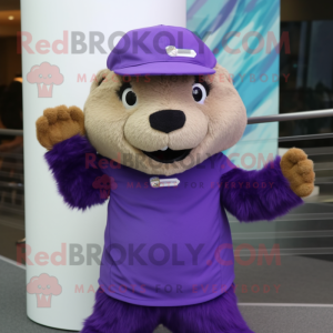 Purple Marmot mascot costume character dressed with a Mini Skirt and Caps