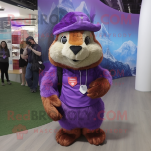 Purple Marmot mascot costume character dressed with a Mini Skirt and Caps
