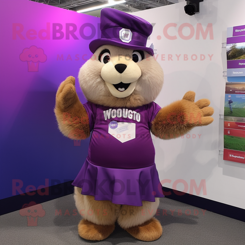 Purple Marmot mascot costume character dressed with a Mini Skirt and Caps Purple Marmot mascot costume character dressed with a Mini Skirt and Caps