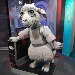 Silver Merino Sheep mascot costume character dressed with a Wrap Skirt and Foot pads