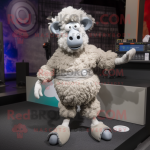 Silver Merino Sheep mascot costume character dressed with a Wrap Skirt and Foot pads