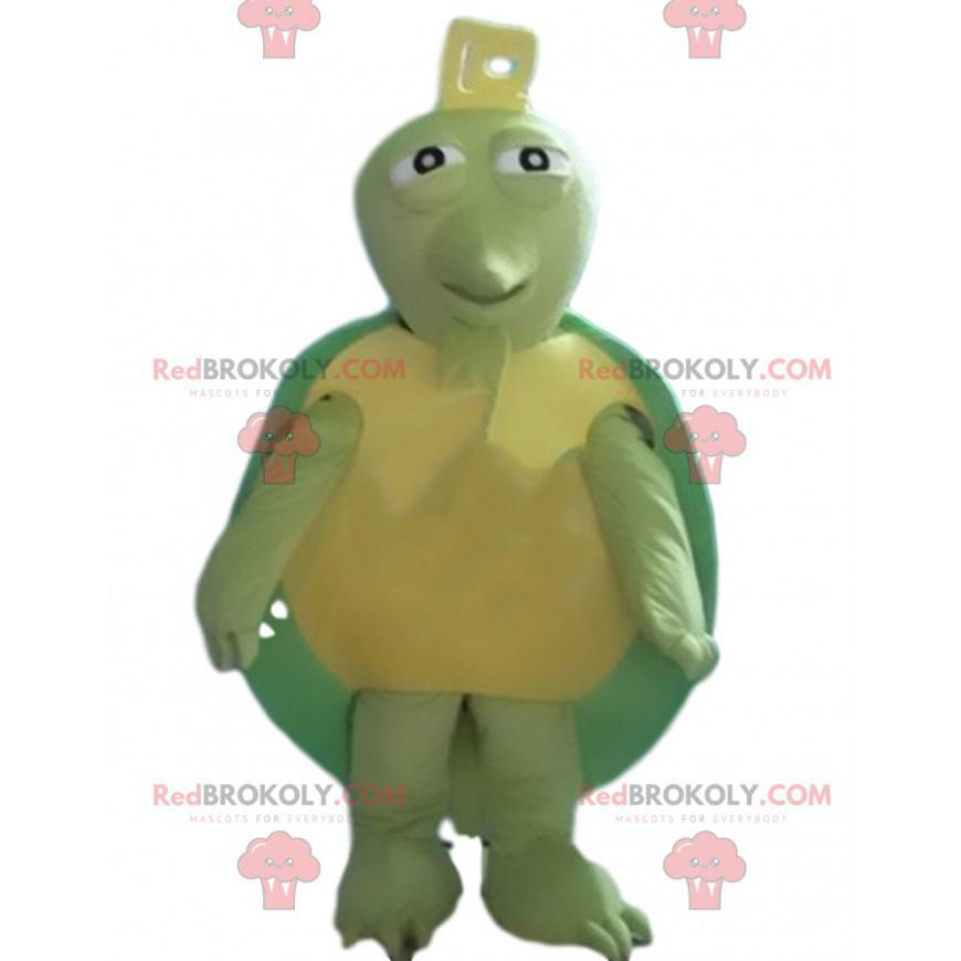 Green and yellow turtle mascot, green animal costume -