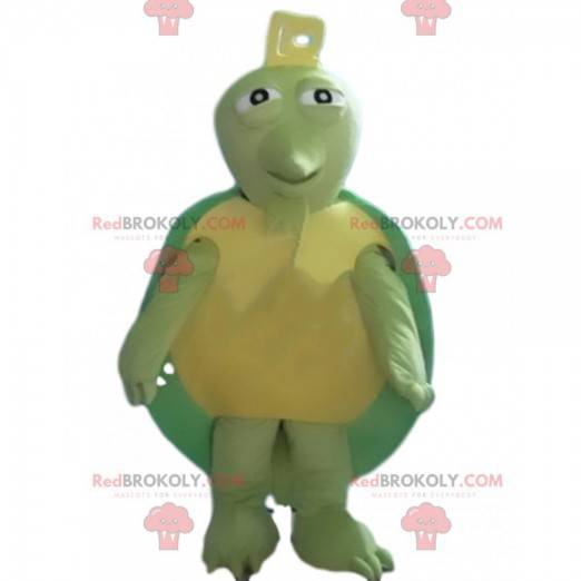 Green and yellow turtle mascot, green animal costume -