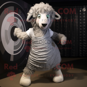 Silver Merino Sheep mascot costume character dressed with a Wrap Skirt and Foot pads