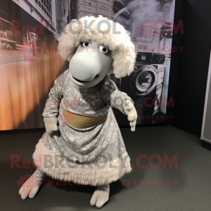 Silver Merino Sheep mascot costume character dressed with a Wrap Skirt and Foot pads