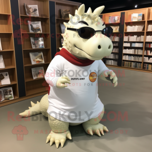 White Ankylosaurus mascot costume character dressed with a Long Sleeve Tee and Reading glasses