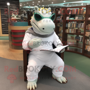 White Ankylosaurus mascot costume character dressed with a Long Sleeve Tee and Reading glasses
