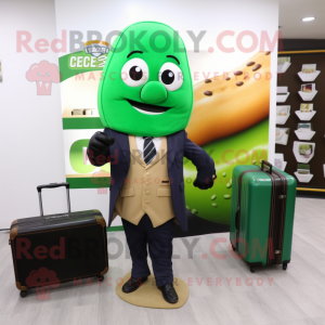 Green Croissant mascot costume character dressed with a Suit Jacket and Briefcases
