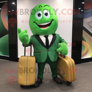 Green Croissant mascot costume character dressed with a Suit Jacket and Briefcases