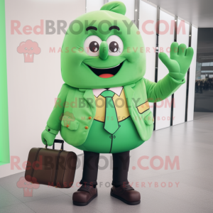 Green Croissant mascot costume character dressed with a Suit Jacket and Briefcases