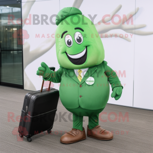 Green Croissant mascot costume character dressed with a Suit Jacket and Briefcases