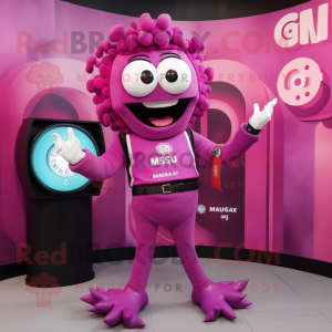 Magenta Medusa mascot costume character dressed with a Waistcoat and Smartwatches